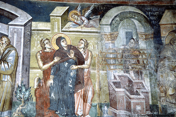 Fresco, wall, north, showing Virgin Mary: Annunciation (?)