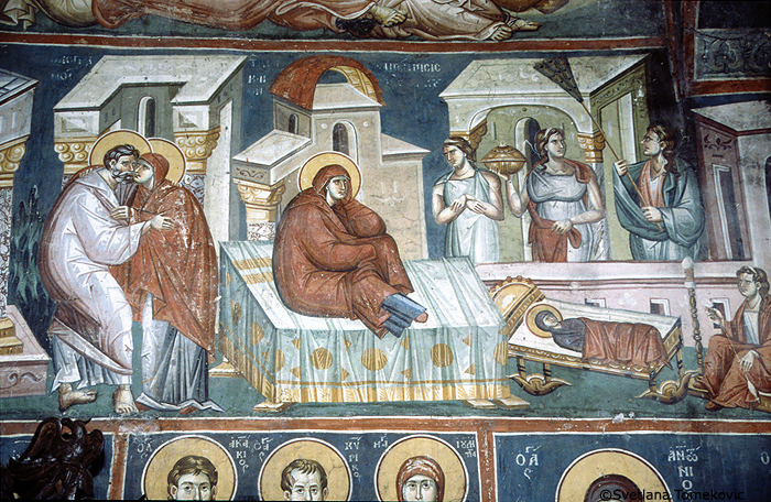 Fresco, wall, south, showing Virgin Mary: Birth