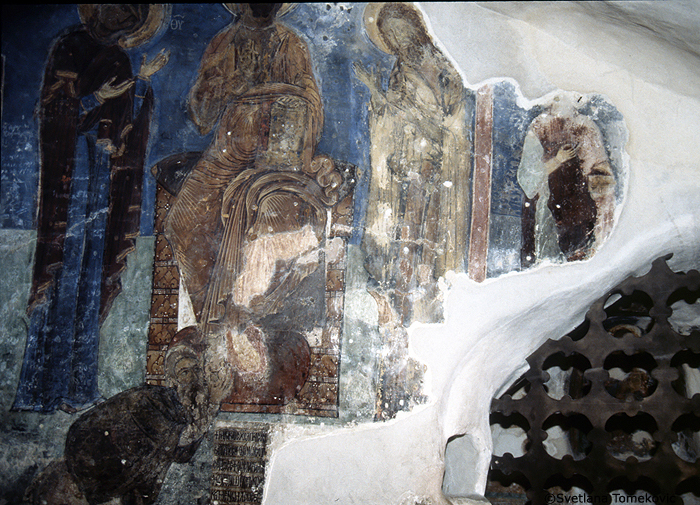 Fresco, cell, showing Christ, Virgin Mary and John Baptist (Deesis)