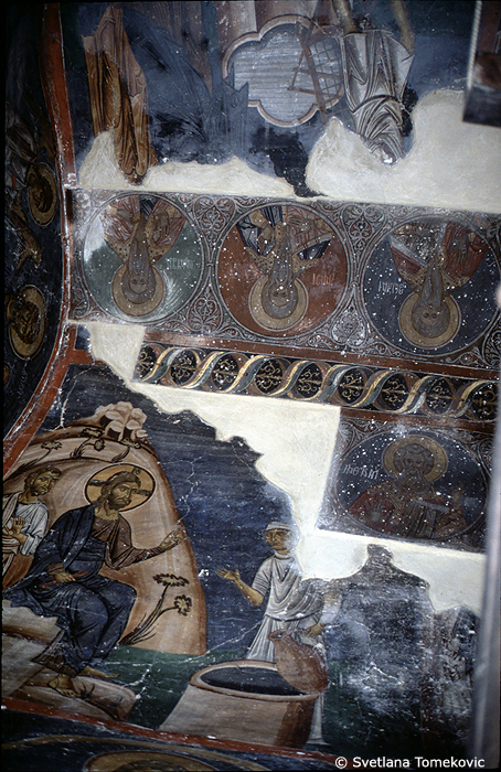 Fresco, sanctuary, vault, north side, showing Christ: meeting Samaritan Woman