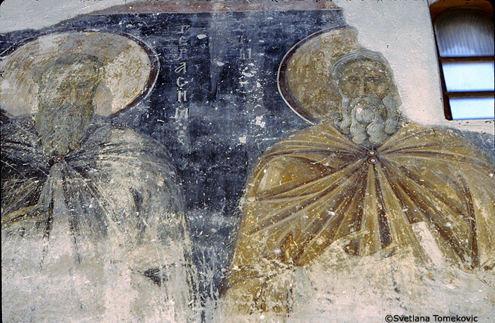 Fresco, narthex, north wall,  showing Gerasimus of Lycia and monk saint