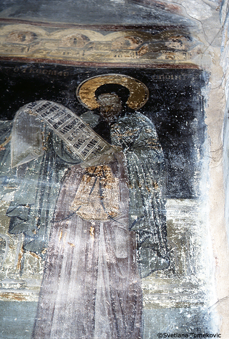 Fresco, showing St. Cosmas, detail