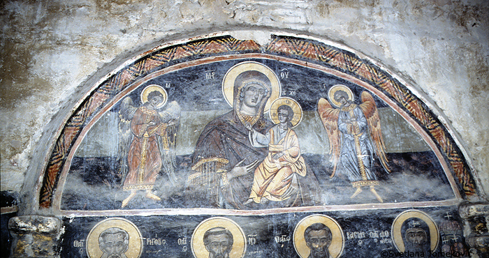 Fresco, south façade(?), showing Virgin Mary and Christ Child