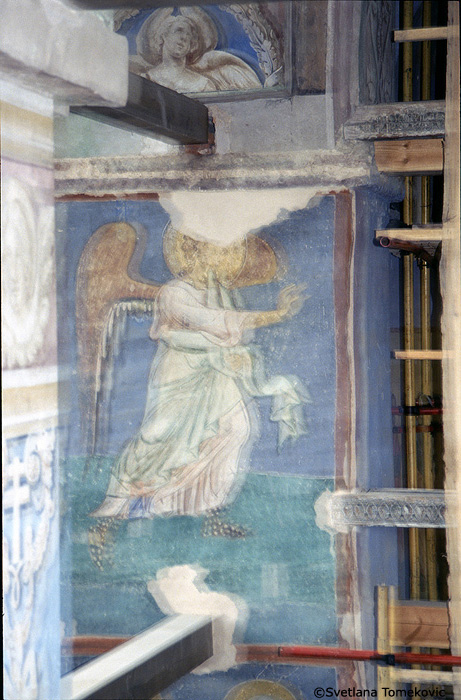 Fresco, north arm, eastern wall, showing monks