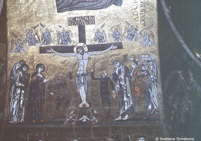 Mosaic, central vault, showing Christ: Crucifixion