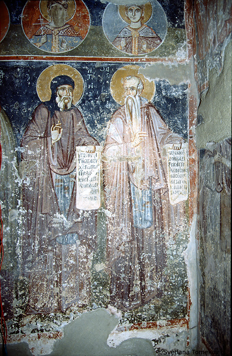 Fresco, northeast chapel, south wall, showing Euthymius the Great and another saint