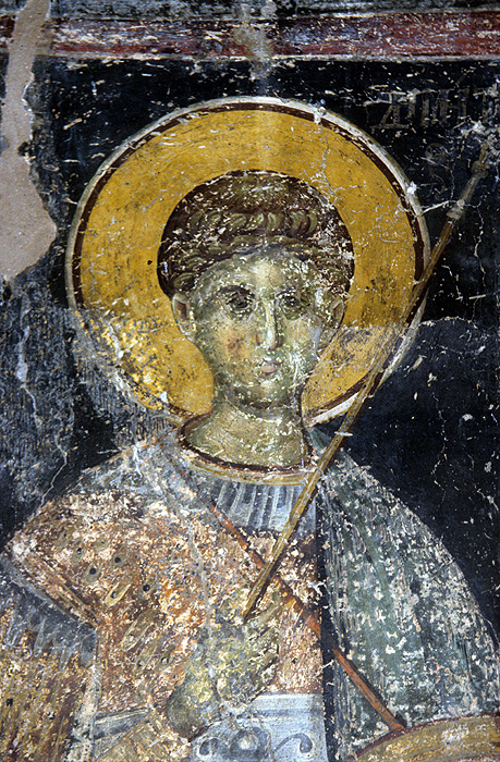 Fresco, showing St. Demetrius, detail