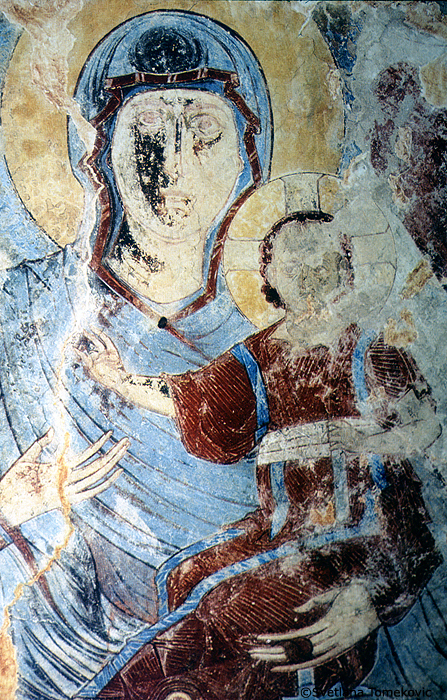 Fresco, showing Virgin Mary and Christ Child, detail