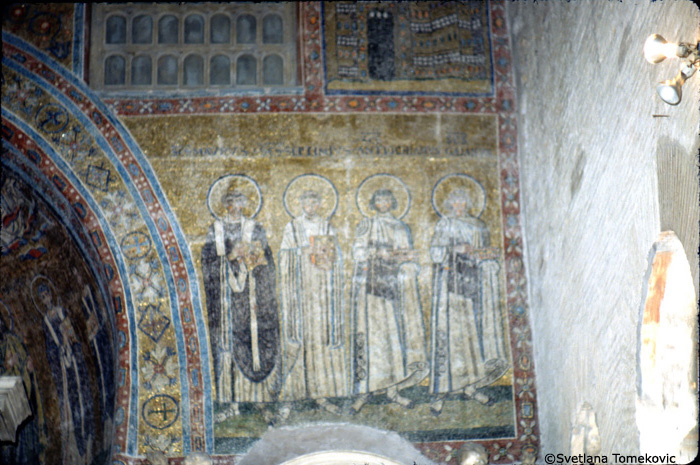 Mosaic, right side of arch showing Maurus, Septimus, Antiochianus and Caianus of Salona in a Chapel in the Baptistery of San Giovanni in Laterano