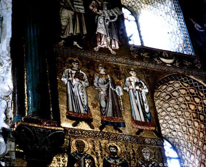 Mosaic, Sanctuary,  north wall, showing Peter of Alexandria, Vincent of Saragossa, and Lawrence of Rome
