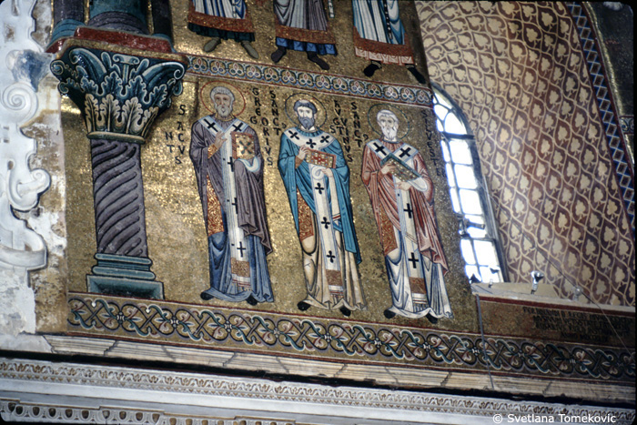 Mosaic, sanctuary, north wall, showing Gregory the Great, Augustine of Hippo, and Sylvester of Rome