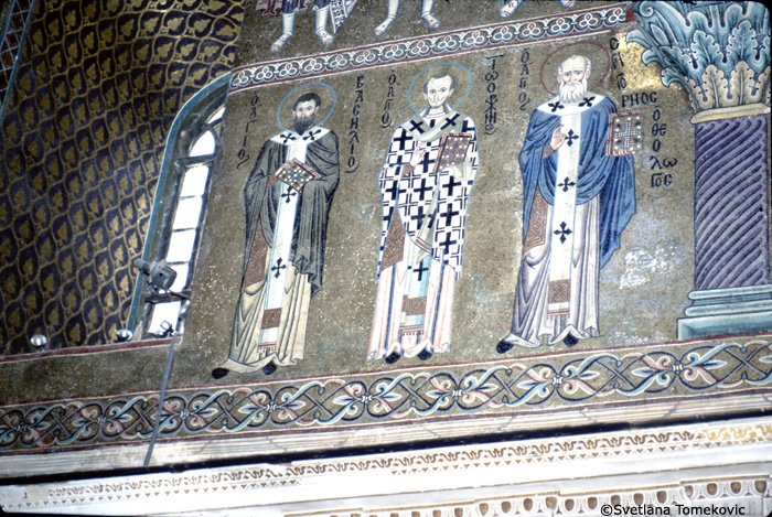 Mosaic, sanctuary, south wall, showing Nicholas of Myra, Basil the Great, and John Chrysostom