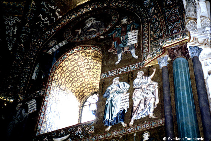 Mosaic, sanctuary, south wall, showing Prophets Micah and Nahum