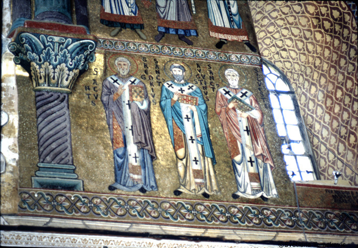 Mosaic, sanctuary, notrh wall, showing Gregory the Great, Augustine of Hippo and Sylvester of Rome