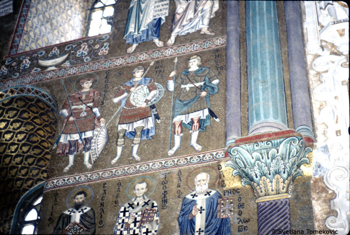 Mosaic, sanctuary, south wall, showing Theodore the General, George of Cappadocia, and Nestor of Thessalonica