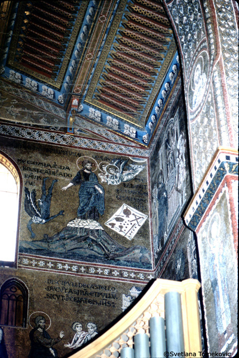 Mosaic, South Transept, South Wall, showing Christ: Temptation, 3rd and Christ: ministered to by Angels 