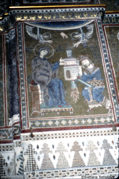 Mosaic, Crossing, east wall, arch soffit showing  William II of Sicily presenting Model of Church