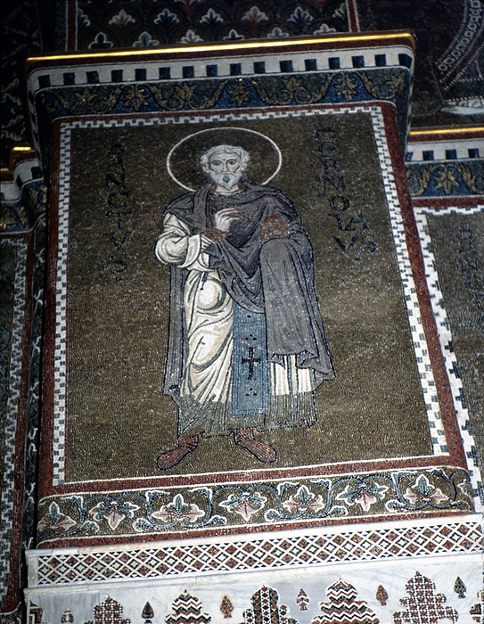 Mosaic, Prothesis, West Wall, Arch Soffit, showing Hermolaus of Nicomedia 