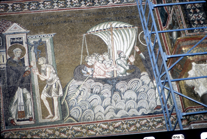 Mosaic, Nave, West Wall, showing Castrensis of Volterra: Scene, healing Demoniac and Castrensis of Volterra: Scene, saving Mariners