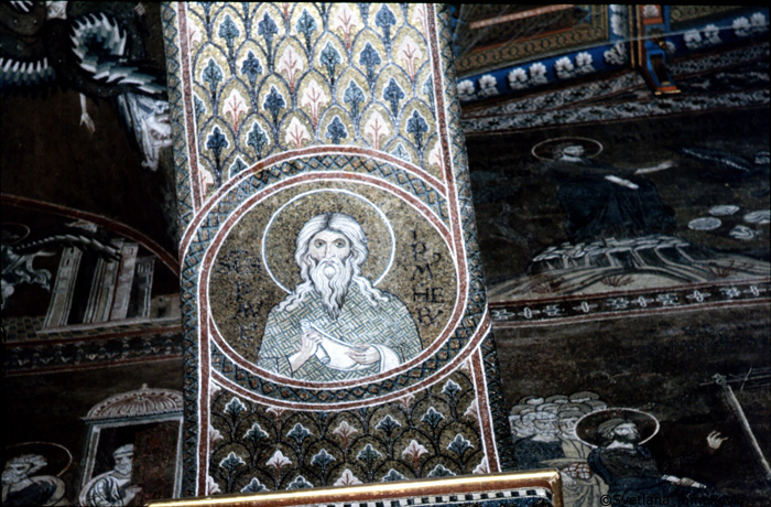 Mosaic, Diaconicon, West Wall, Arch Soffit, showing Paul the Hermit