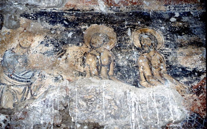 Fresco, possibly showing Christ: Miracle of Draught of Fishes by Gennesaret