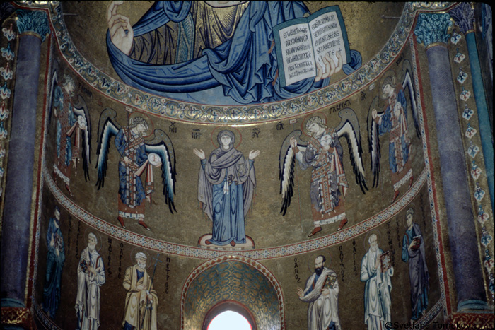 Mosaic, sanctuary, apse, wall, showing Virgin Mary and Archangels