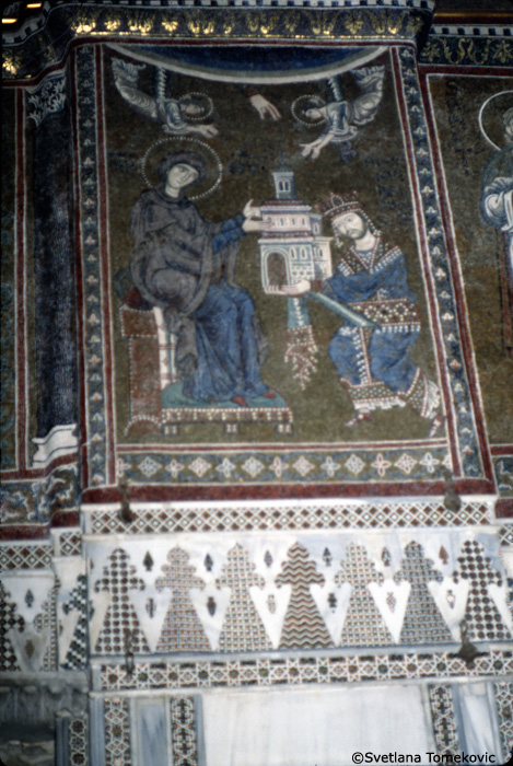 Mosaic, Crossing, East Wall, Arch Soffit, showing William II of Sicily presenting Model of Church