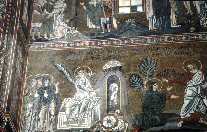 Mosaic, North Transept, West Wall, showing Holy Women: at Sepulcher and Christ: noli me tangere