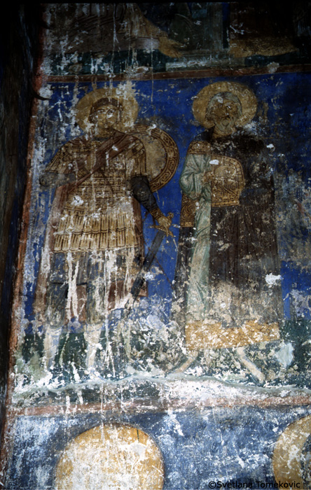 Fresco.  North arm, north wall, Military martyrs. May 1993.