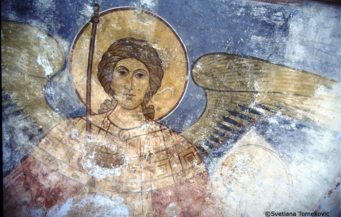 Fresco.  Diaconicon conques.  Archangel. May 1993.
