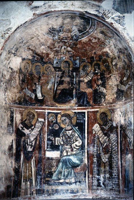 Fresco, apse, conch, showing Pentecost, and in first register, Saints