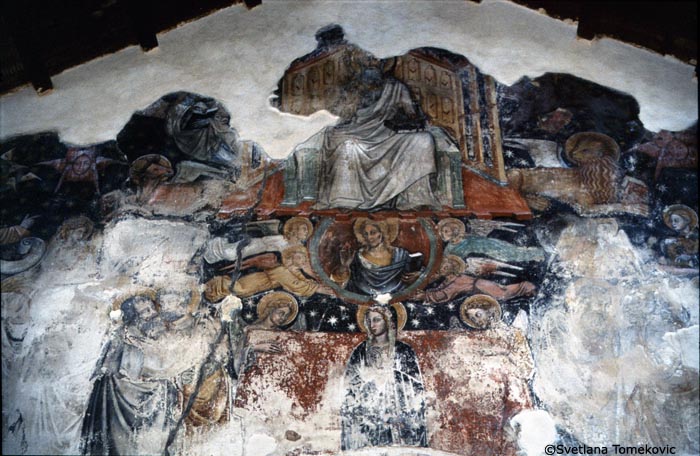 Fresco, east gable, showing God the Father, Christ (Trinity?); Beasts of Apocalypse; Virgin Mary (?)