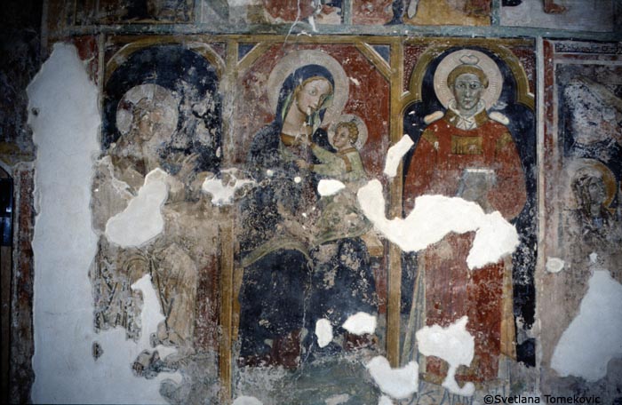 Fresco, south wall, first register, showing Christ (?) cross-nimbed, Virgin Mary and Christ Child, and Stephen Protomartyr