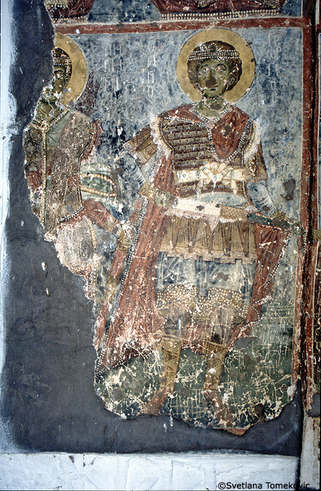 Fresco, exterior, south, showing Demetrius of Thessalonica