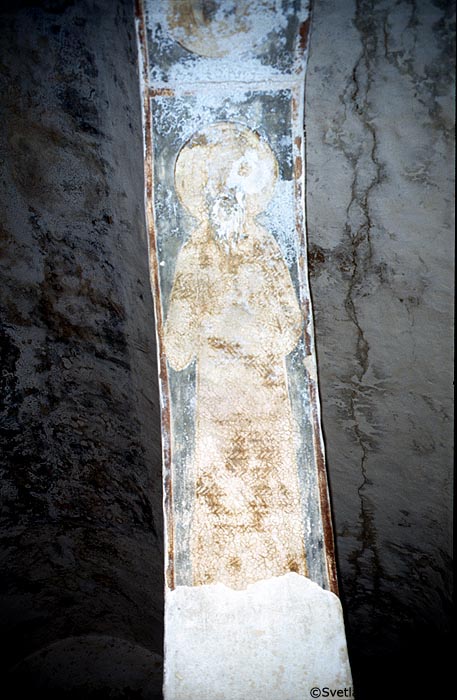 Fresco, south arcade, second arch, intrados, east side, showing Paul the Hermit (Paul of Thebes)