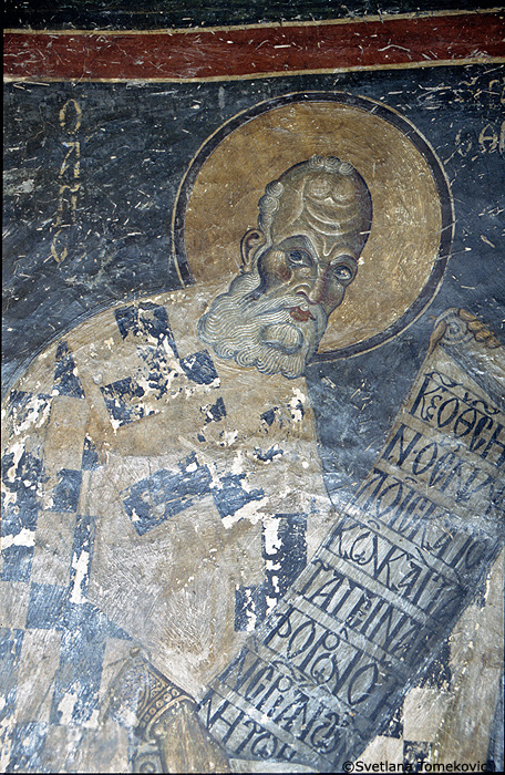 Fresco, apse, showing Saint (Flanking Virgin Mary and Christ Child)