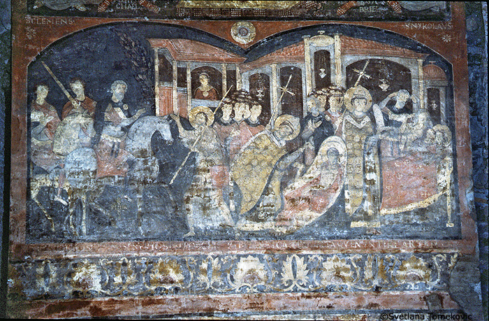 Fresco, Lower Church, showing Alexius of Rome: Scene, Return from Laodicea; Alexius of Rome: Scene, Death and lying on Bier.