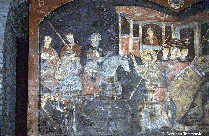 Fresco, Lower Church, showing Alexius of Rome: Scene, Return from Laodicea.