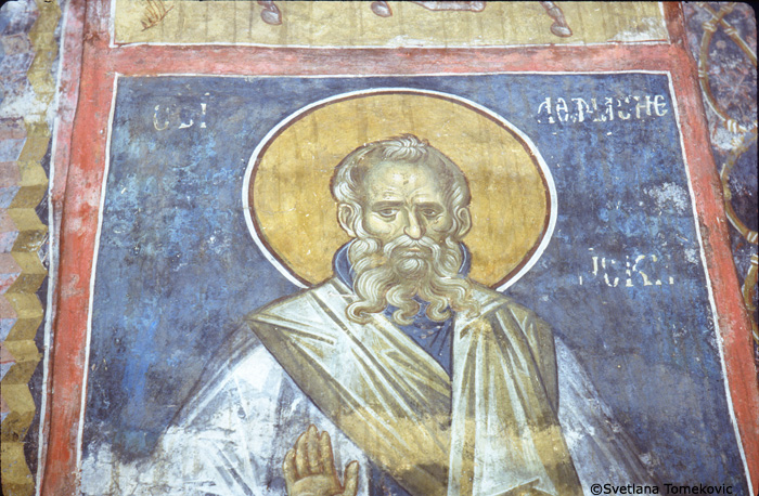 Fresco, arch, between bays 1-2, north, wall, zone 4, showing Athanasius of Athos (detail)
