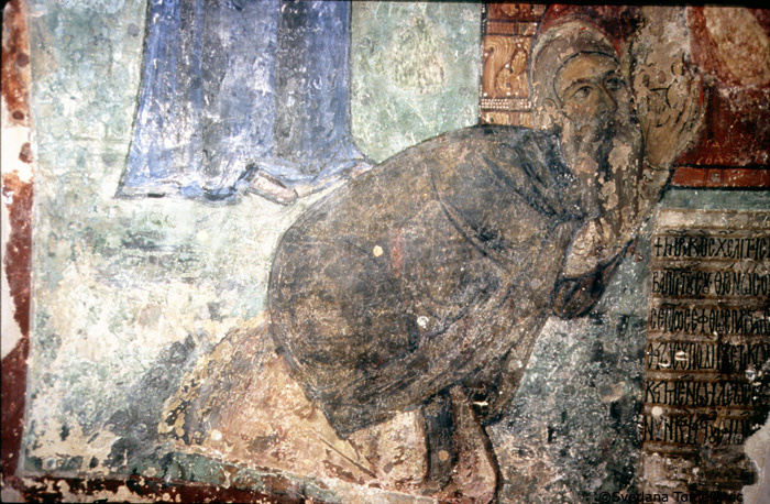 Fresco, cell, showing Deisis with Neophytos in Proskynesis