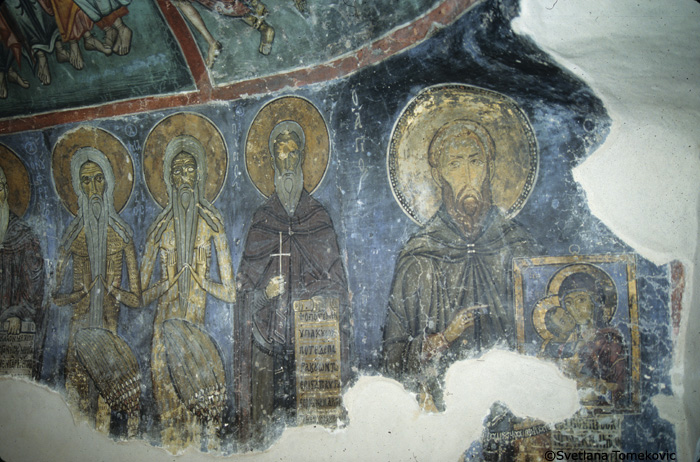 Fresco, south naos showing John Climacus, Onouphrius, Macairius, Paisius and Stephen the Younger
