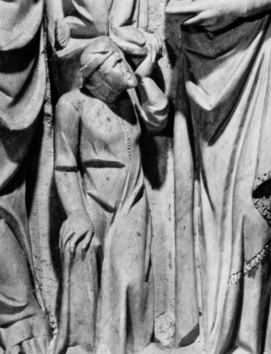 Pulpit, support 9, with patron, possibly Burgundio Tadi or Nello Faleoni, 1302-1310, Giovanni Pisano