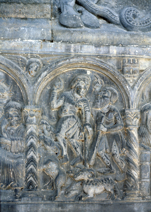 Exterior, west, central portal, lintel, scene 3, annunciation to shepherds, 1135-1150, Nicholaus