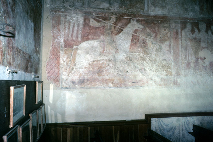 Wall painting, nave, north wall, zone 2, George of Cappadocia slaying dragon, first quarter 12c., Lewes workshop