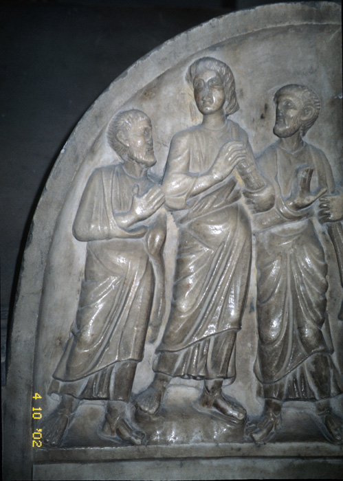 Sarcophagus cover, front, right, Christ flanked by Peter and Paul, late 4c.