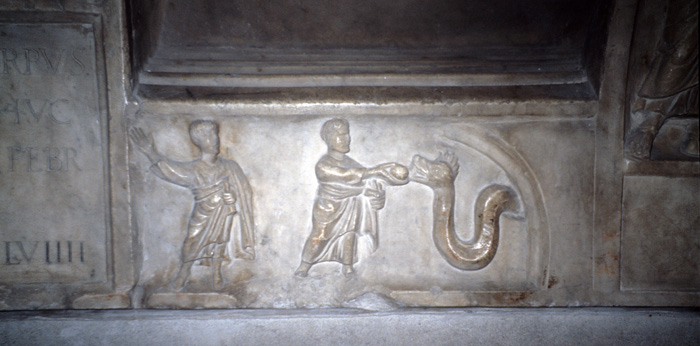 Sarcophagus cover, front, Daniel  slaying serpent, late 4c.