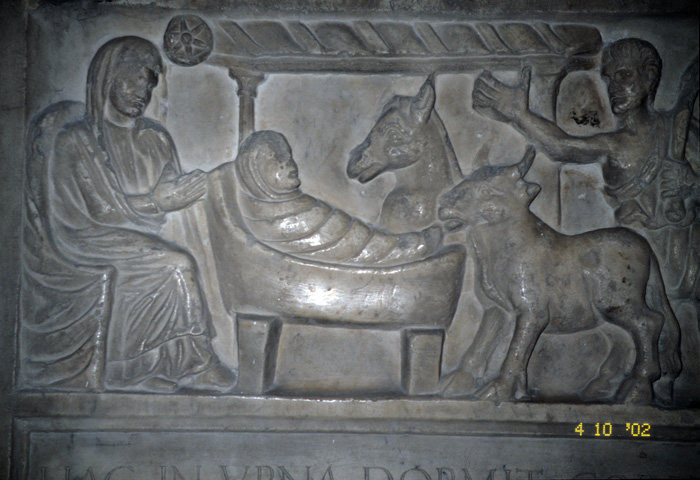 Sarcophagus cover, front, Nativity and adoration of shepherds, late 4c.