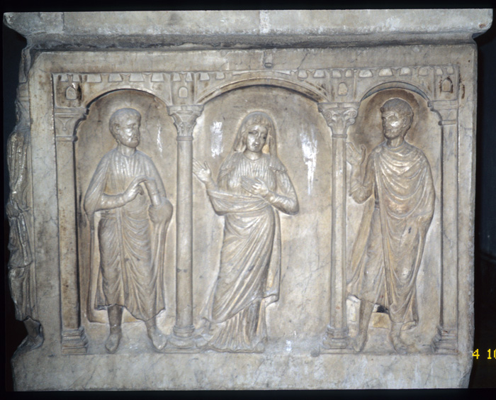 Sarcophagus body, right end, showing two male, and one female, figures, late 4c.