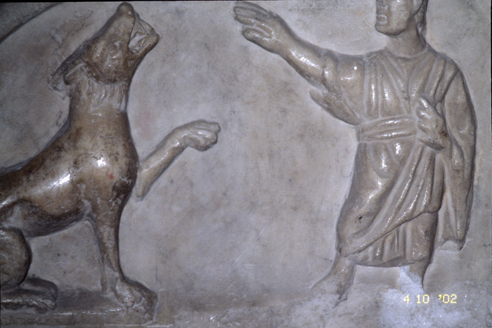 Sarcophagus cover, front, Apostle Peter  meeting dog of Simon Magus, late 4c.