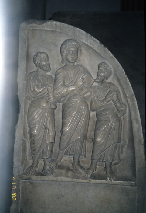 Sarcophagus cover, front, left, Christ flanked by Peter and Paul, late 4c.